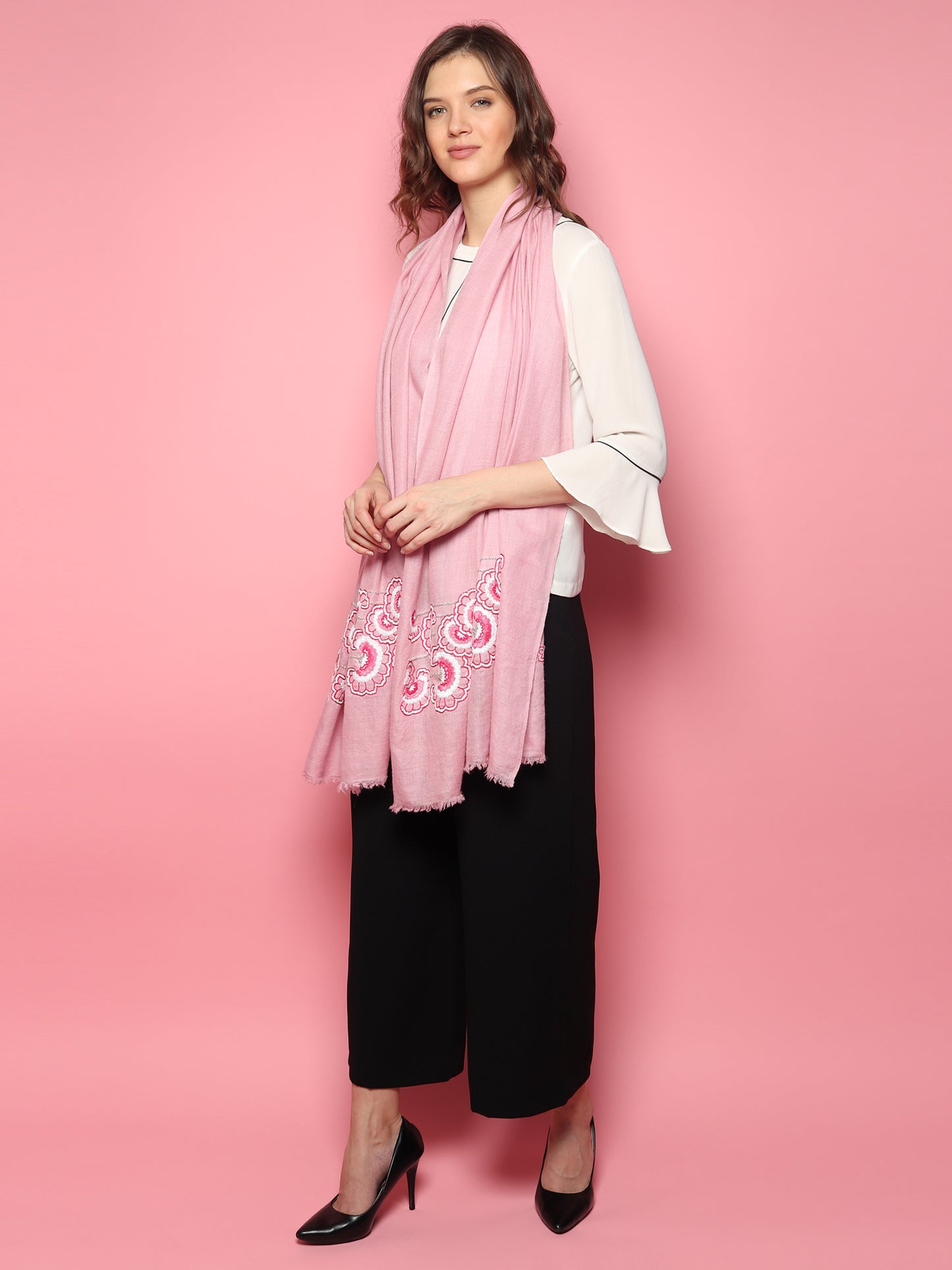 Baby Pink Pure Pashmina Shawl with hand embroidered floral artwork