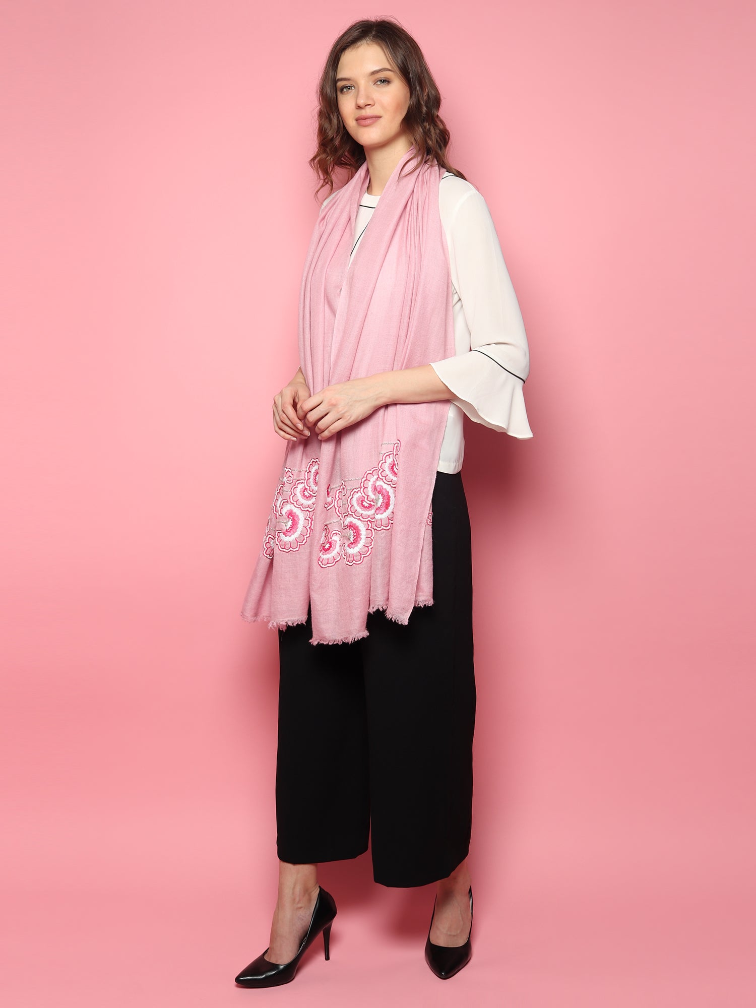 Baby Pink Pure Pashmina Shawl with hand embroidered floral artwork