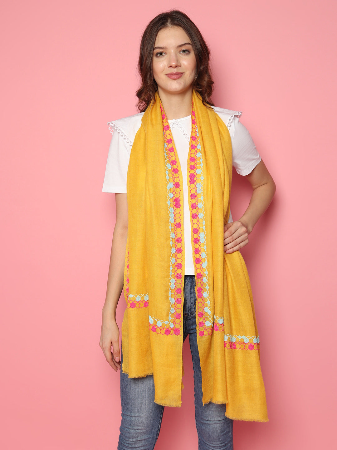 Bright Yellow Pure Pashmina Shawl with hand embroidered geometric border