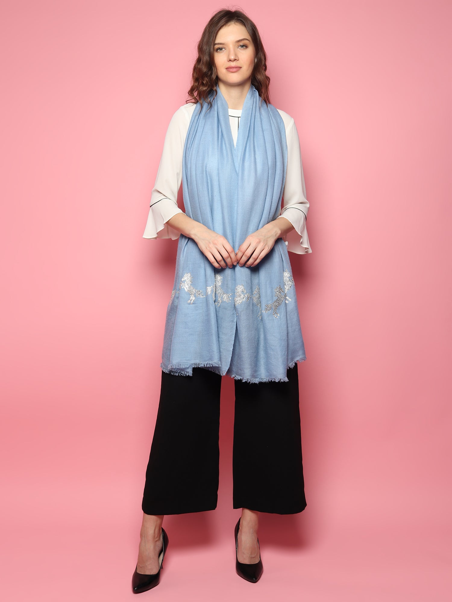 Blue Swarovski Pashmina Shawl with Crystal Horse Border