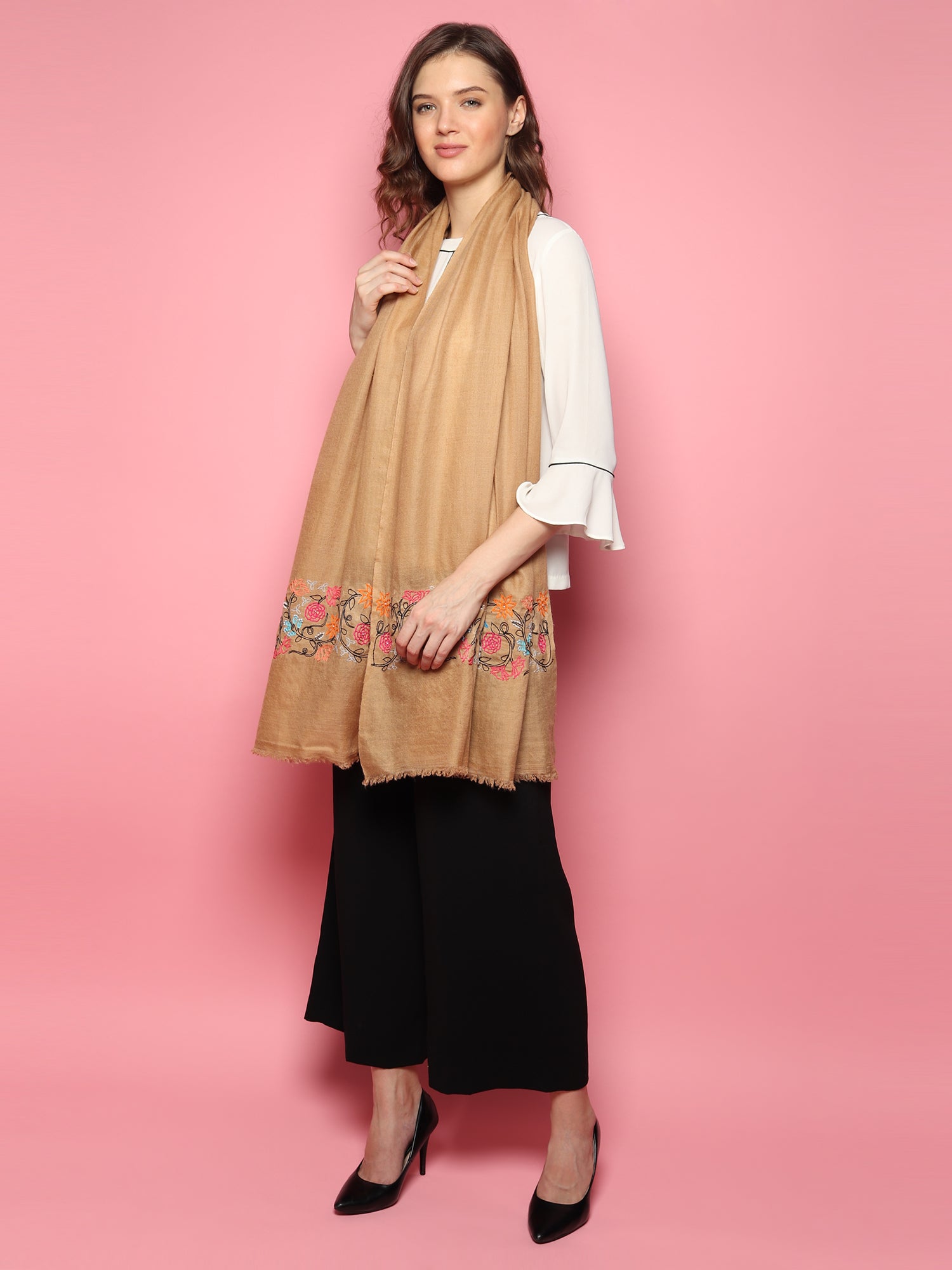 Brown Pure Pashmina Shawl with hand embroidered floral pattern