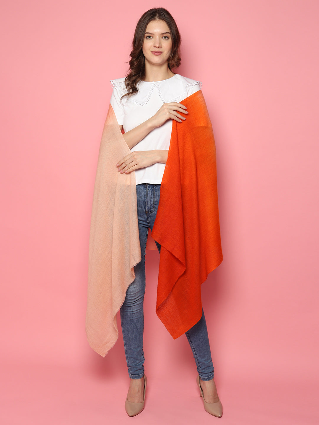 Orange Beige Ombre Pure Pashmina Multi shaded Shawl
