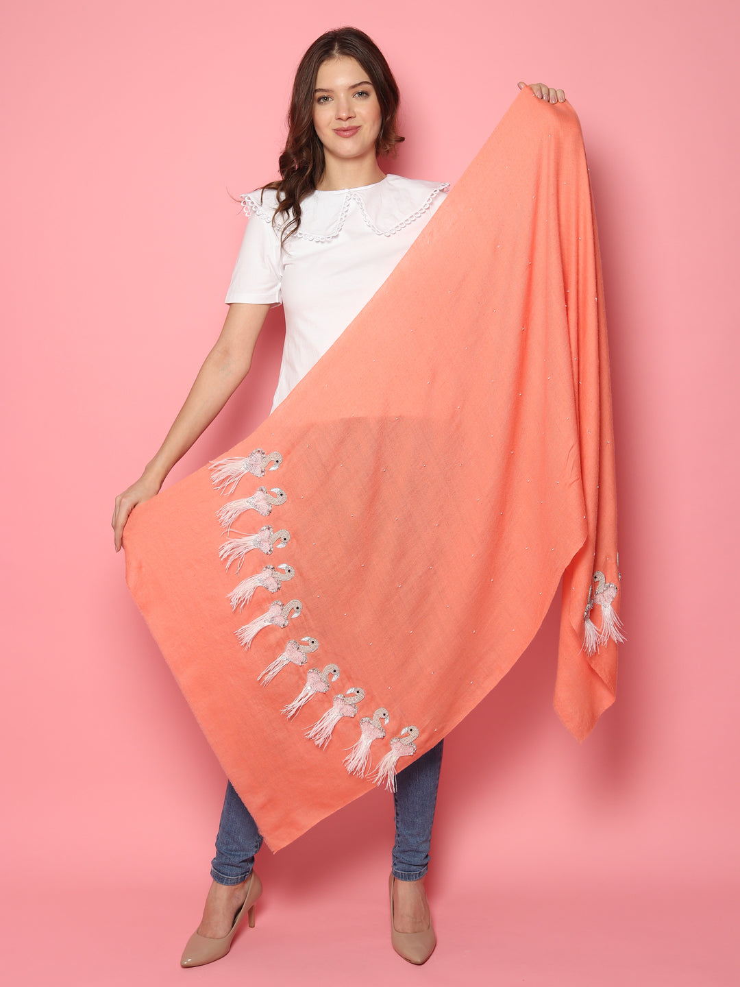 Peach Pure Pashmina Shawl with feather bird design