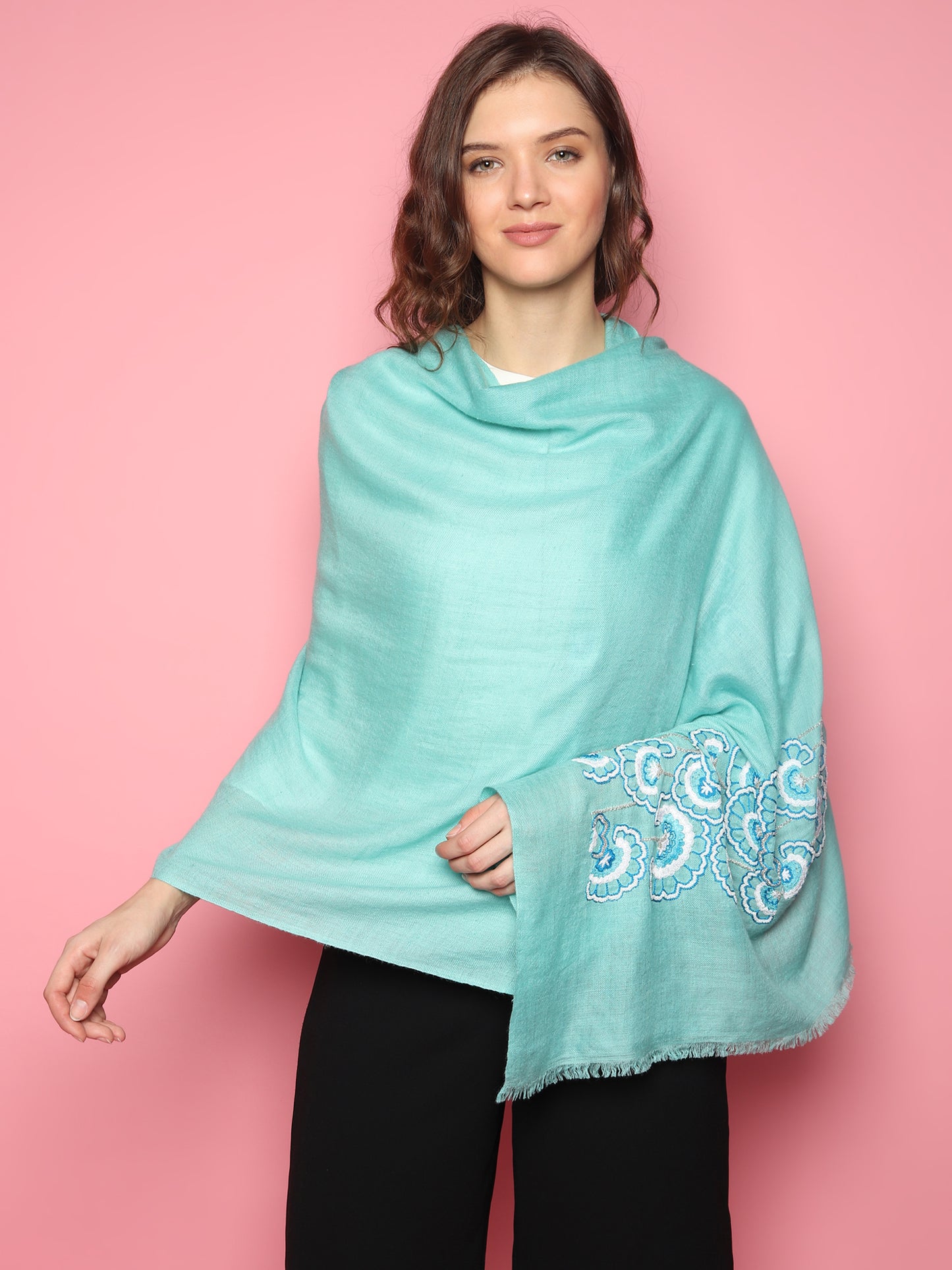 Turquoise Blue Pure Pashmina Shawl with hand embroidered floral pattern