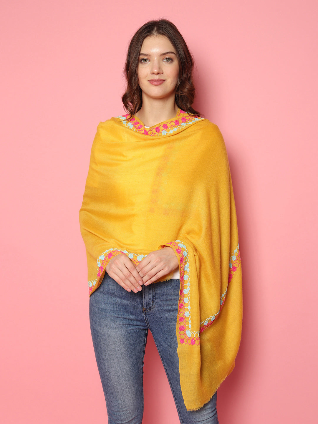 Bright Yellow Pure Pashmina Shawl with hand embroidered geometric border