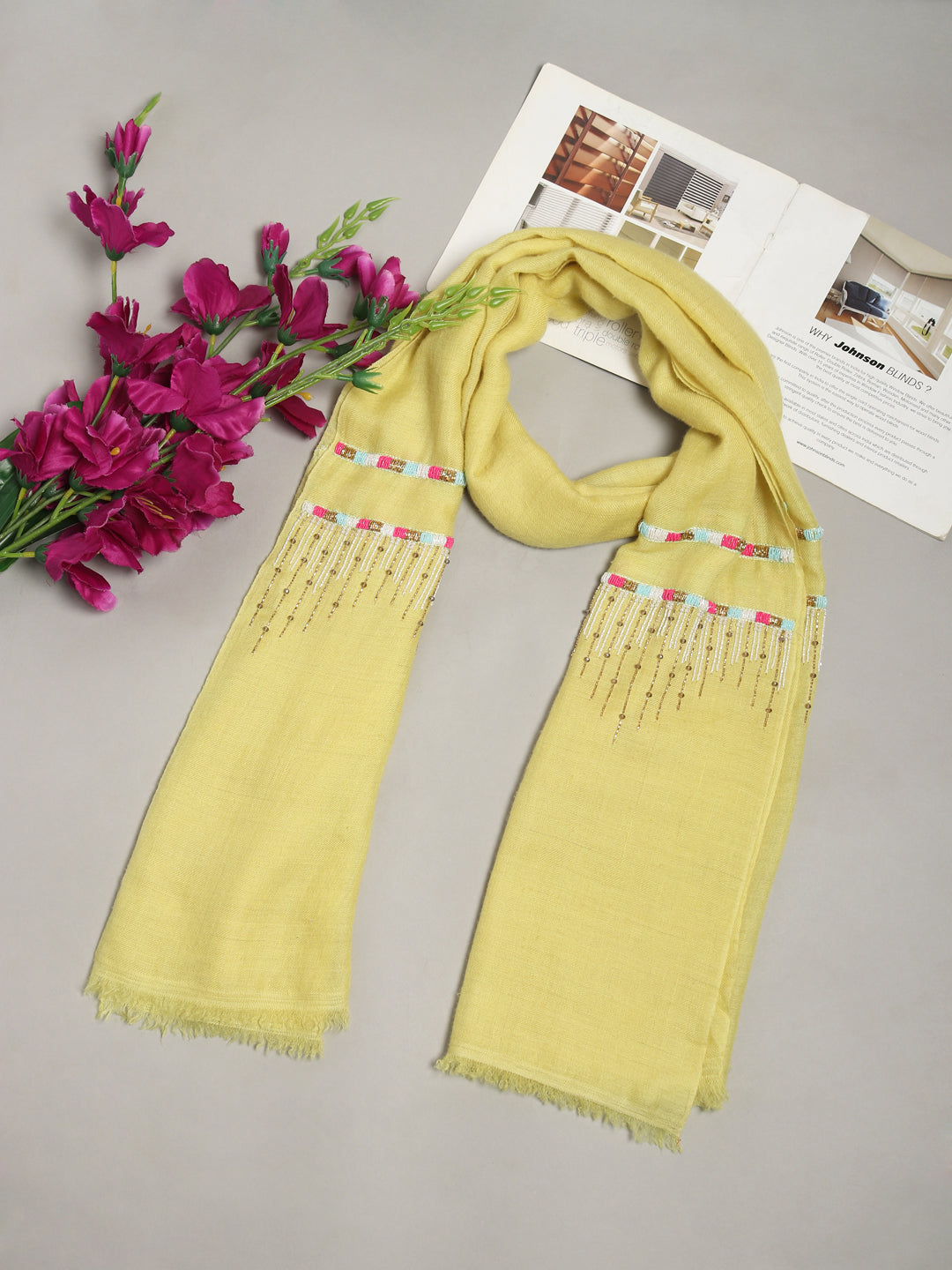 Lemon Yellow Pure Pashmina Shawl with abstract geometric embroidery