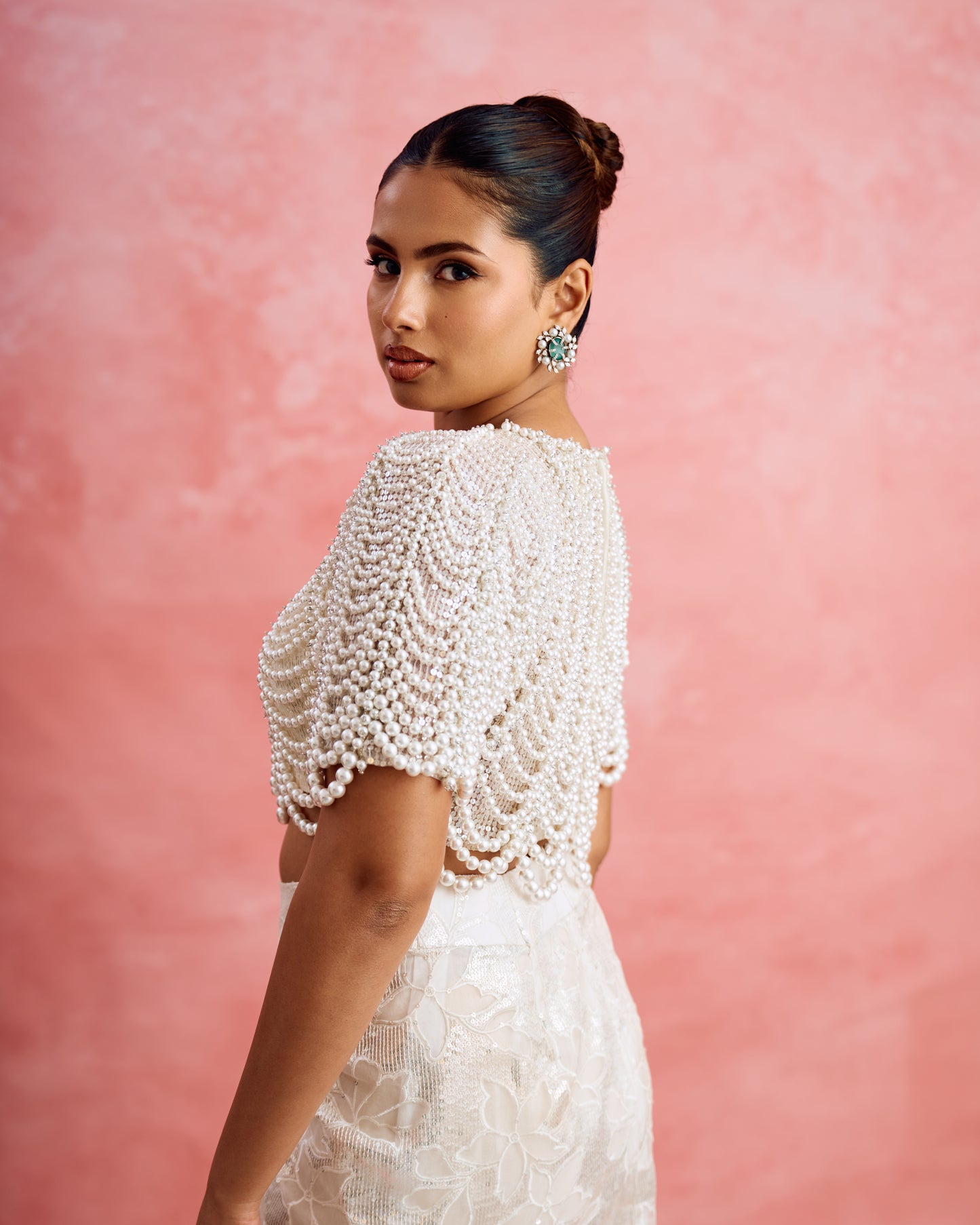 Aashna Hegde styled in Modarta emerald and pearl stud earrings for the Aashna x Modarta shoot