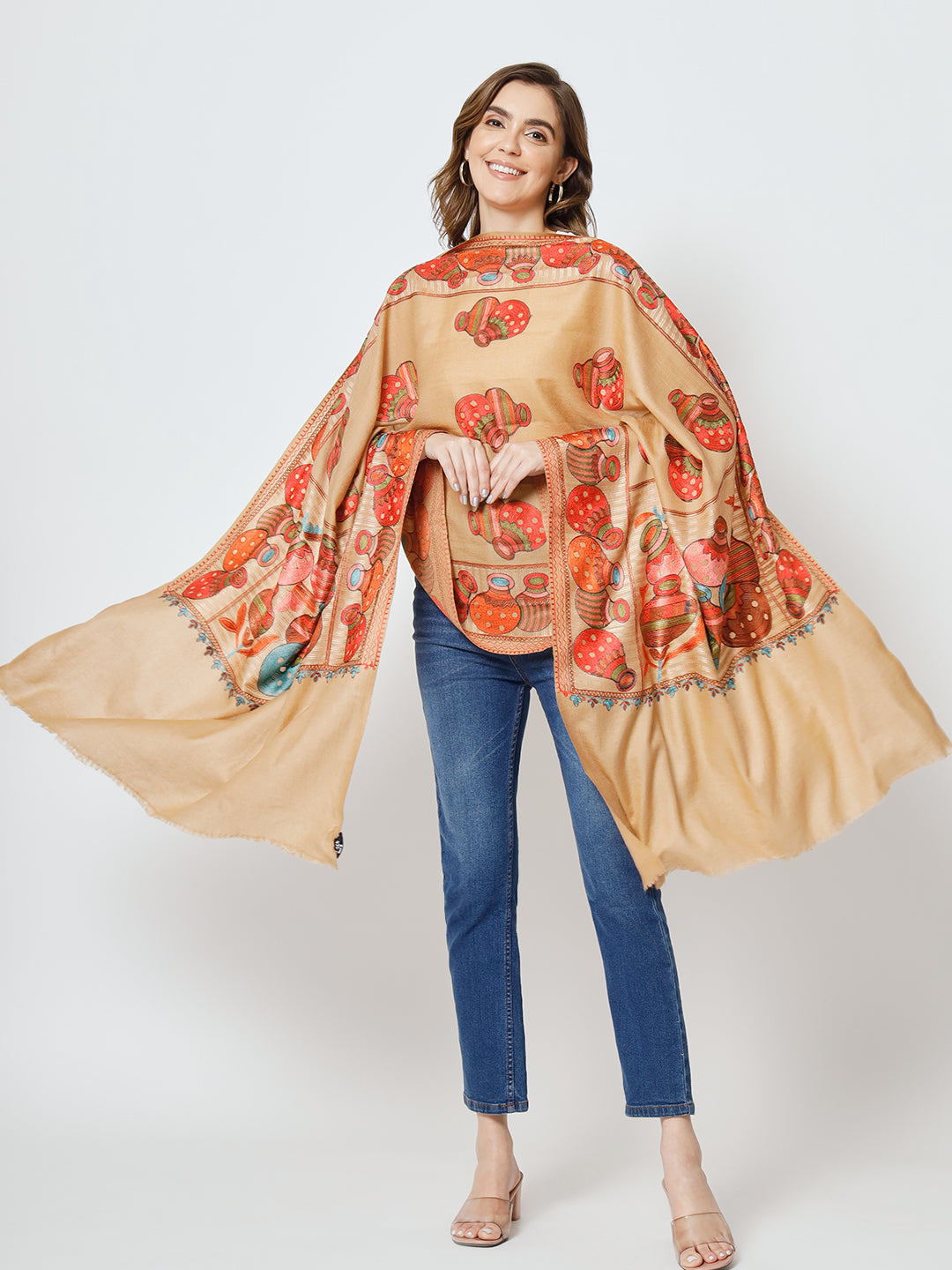 Brown Shawl with Embroidered Ethnic Motifs