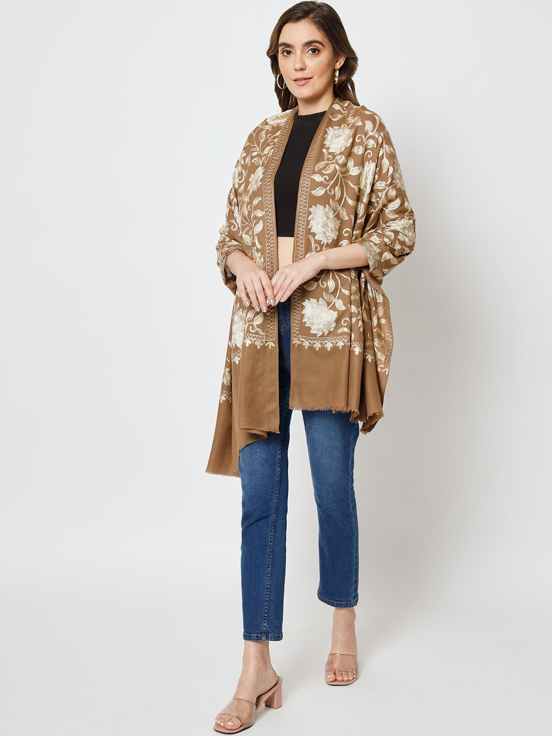 aari embroidery shawl, embroidered shawls online, brown shawl