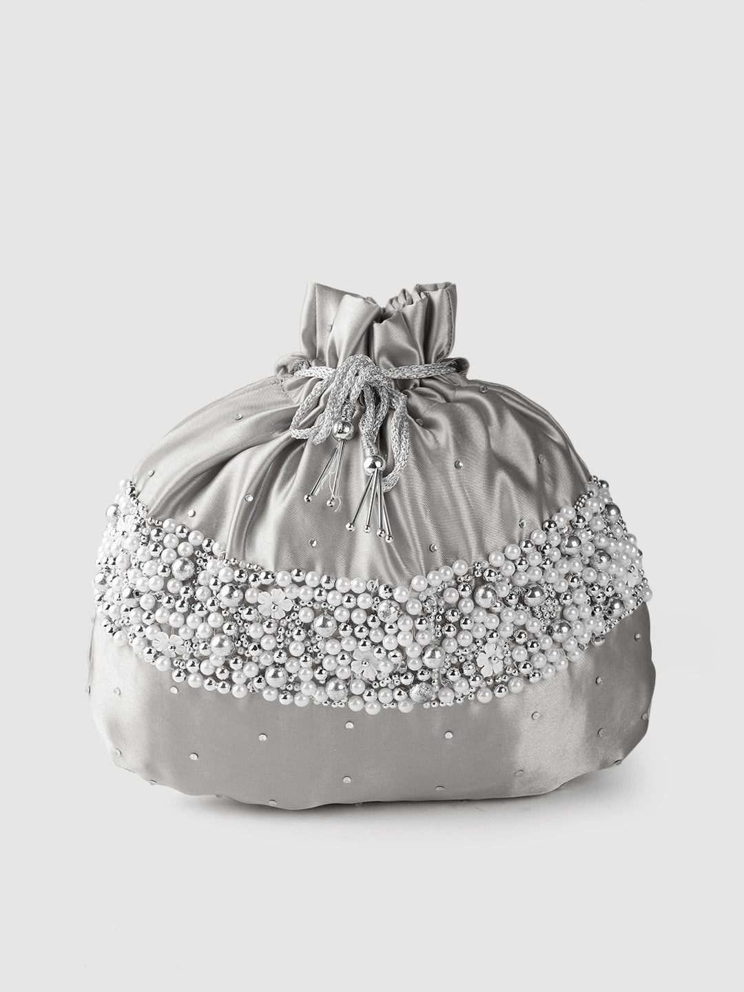 Silver Silk Potli Bag with pearls and swarovski crystals