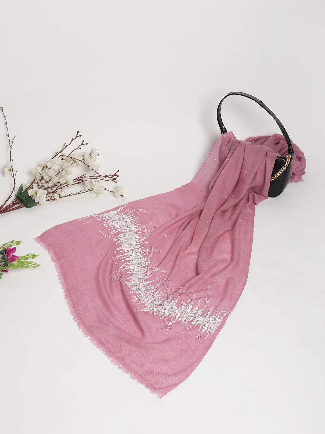 Pink Shawl 100% Pure Pashmina Shawl, hand embroidery feather border shawl, kashmiri shawls online