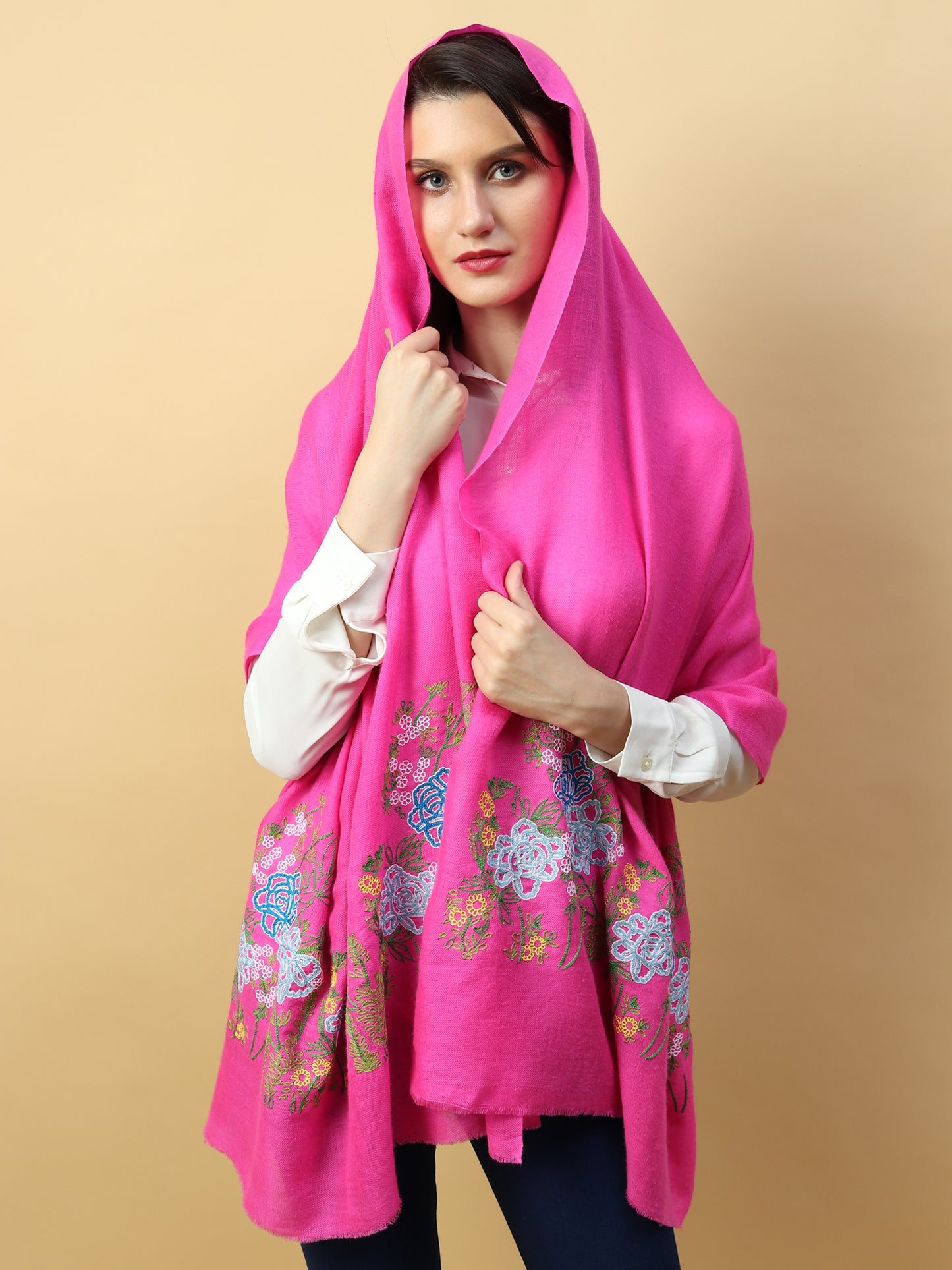 pink shawl online, hand embroidered pashmina online 