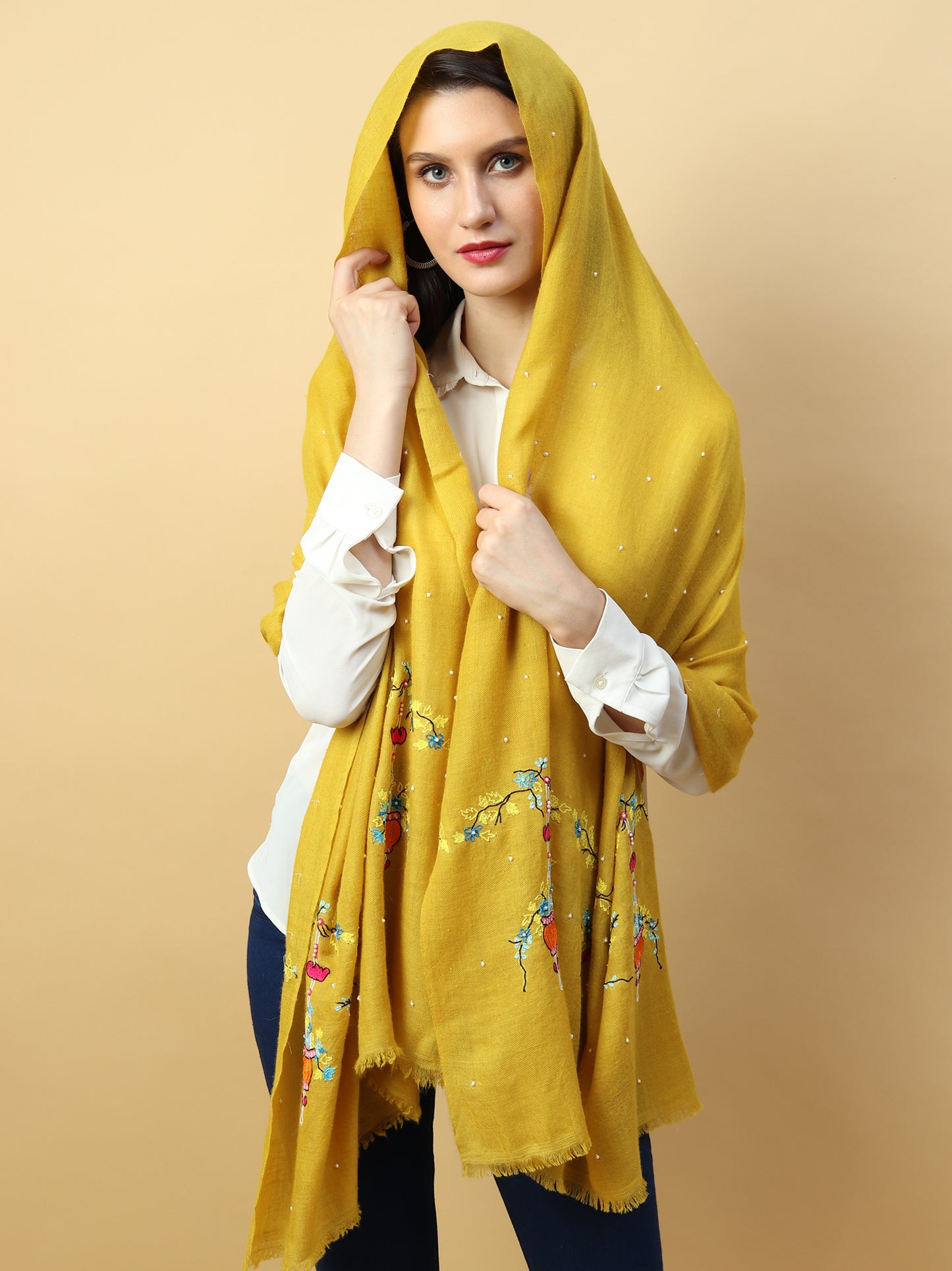 Yellow Shawl, Pure Pashmina Shawl hand embroidered with floral basket pattern