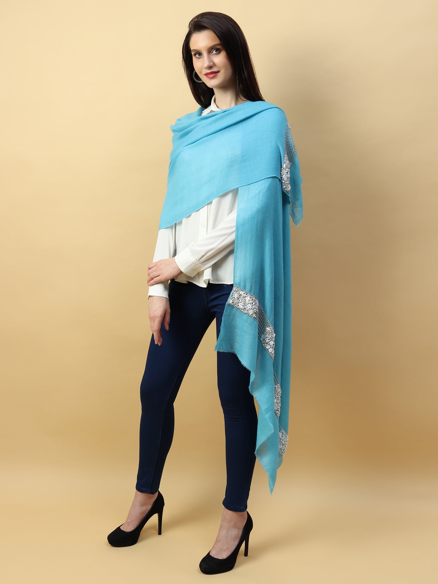 blue shawl, swarovski shawl, pure pashmina shawls online 