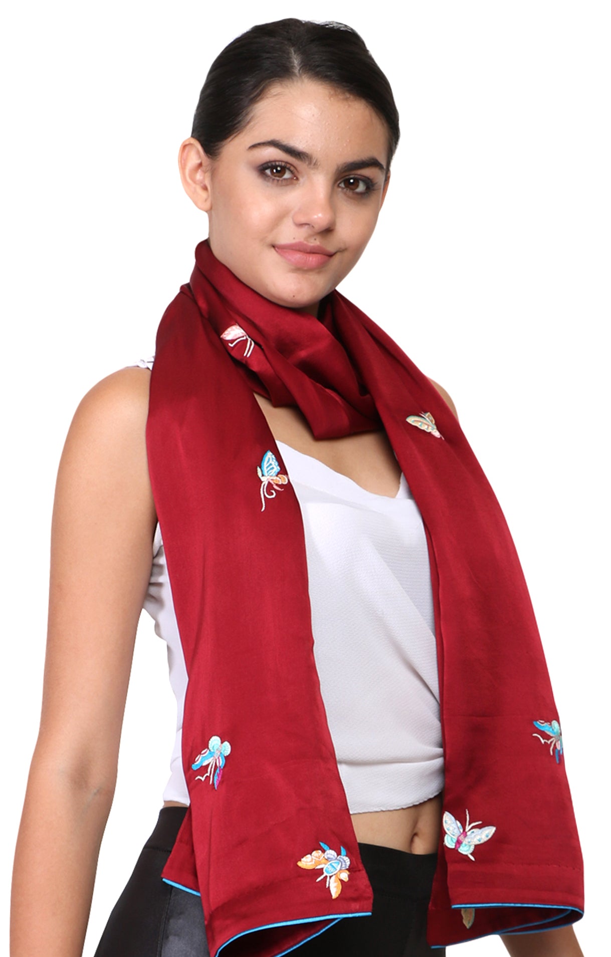 Maroon Rainbow Butterfly Parsi Hand Embroidery Stole