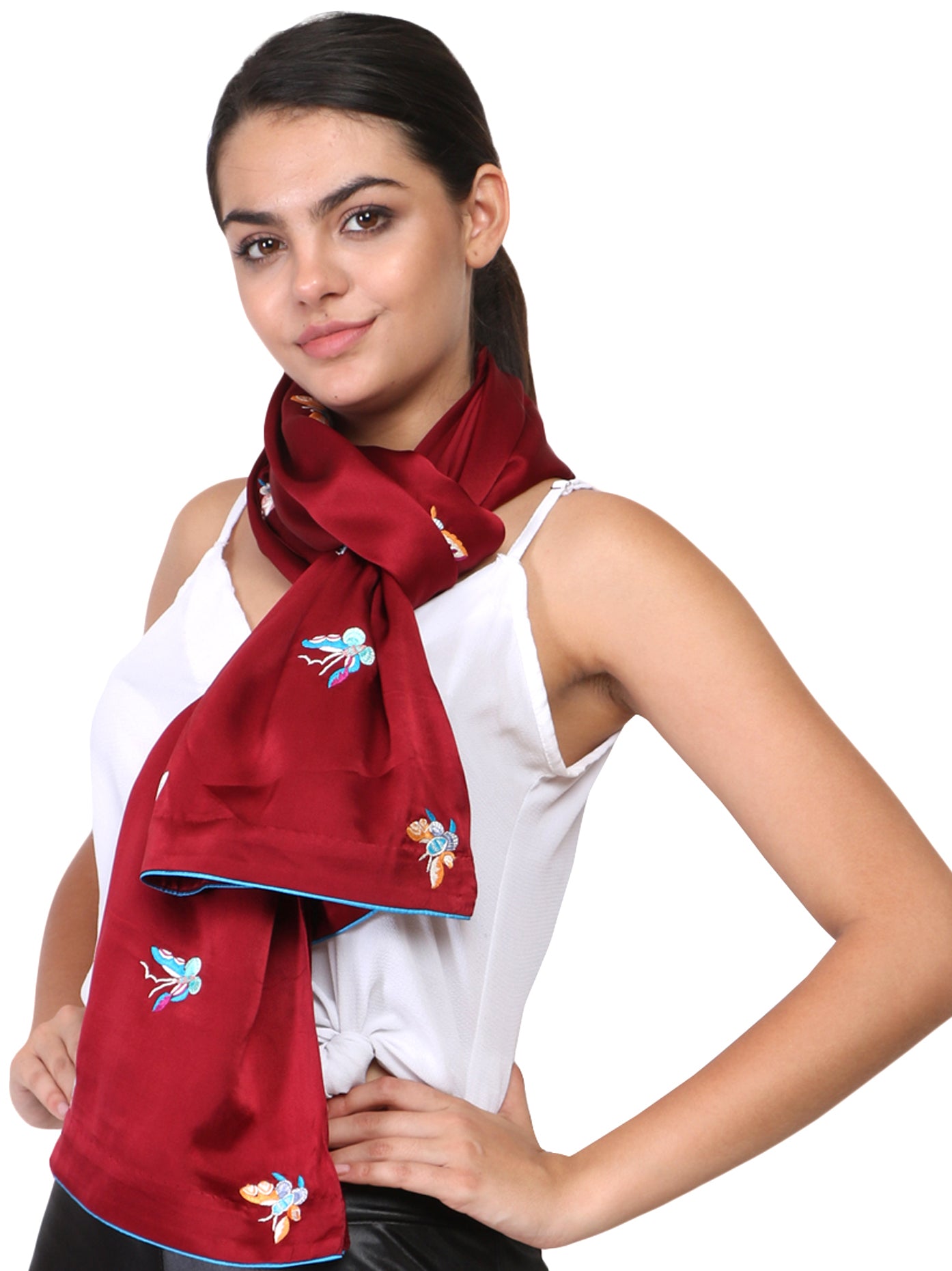 Maroon Rainbow Butterfly Parsi Hand Embroidery Stole