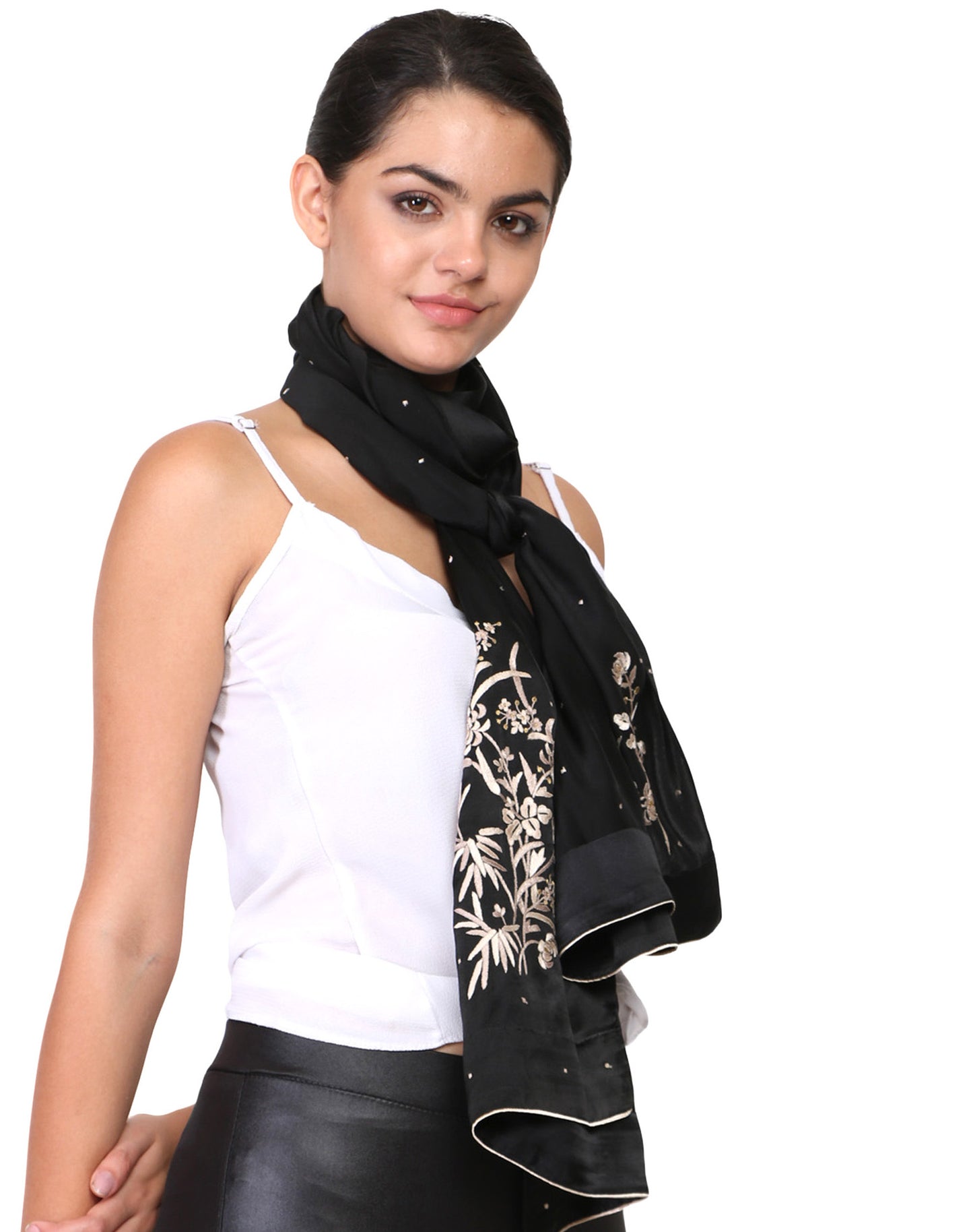 black hand embroidered stole with parsi gara work 