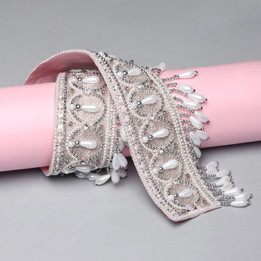 Embroidered Silver Belt, Waist Belt, White Belt , Pearls and Swarovski Crystals