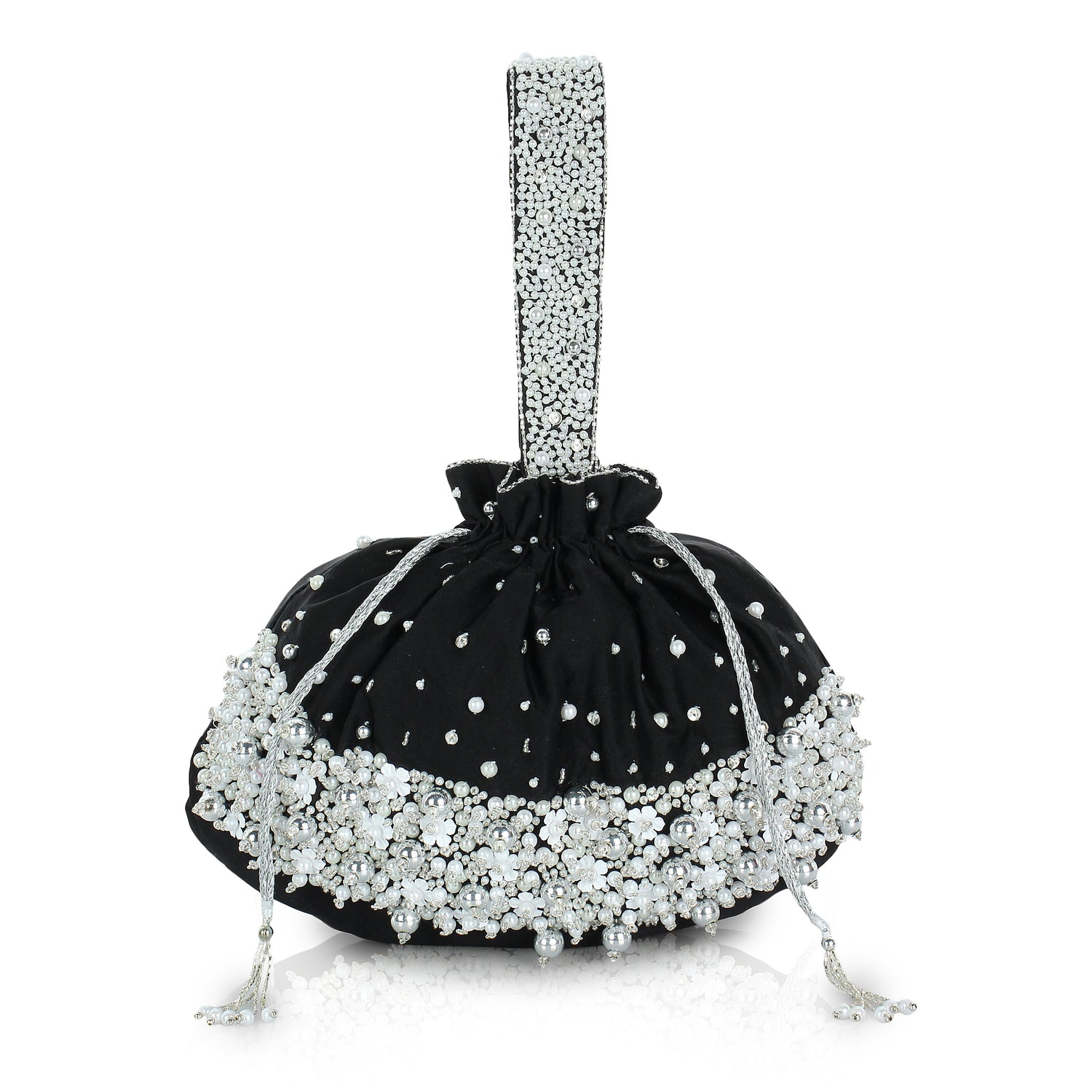 black purse, pearls bag, designer potlis by modarta 