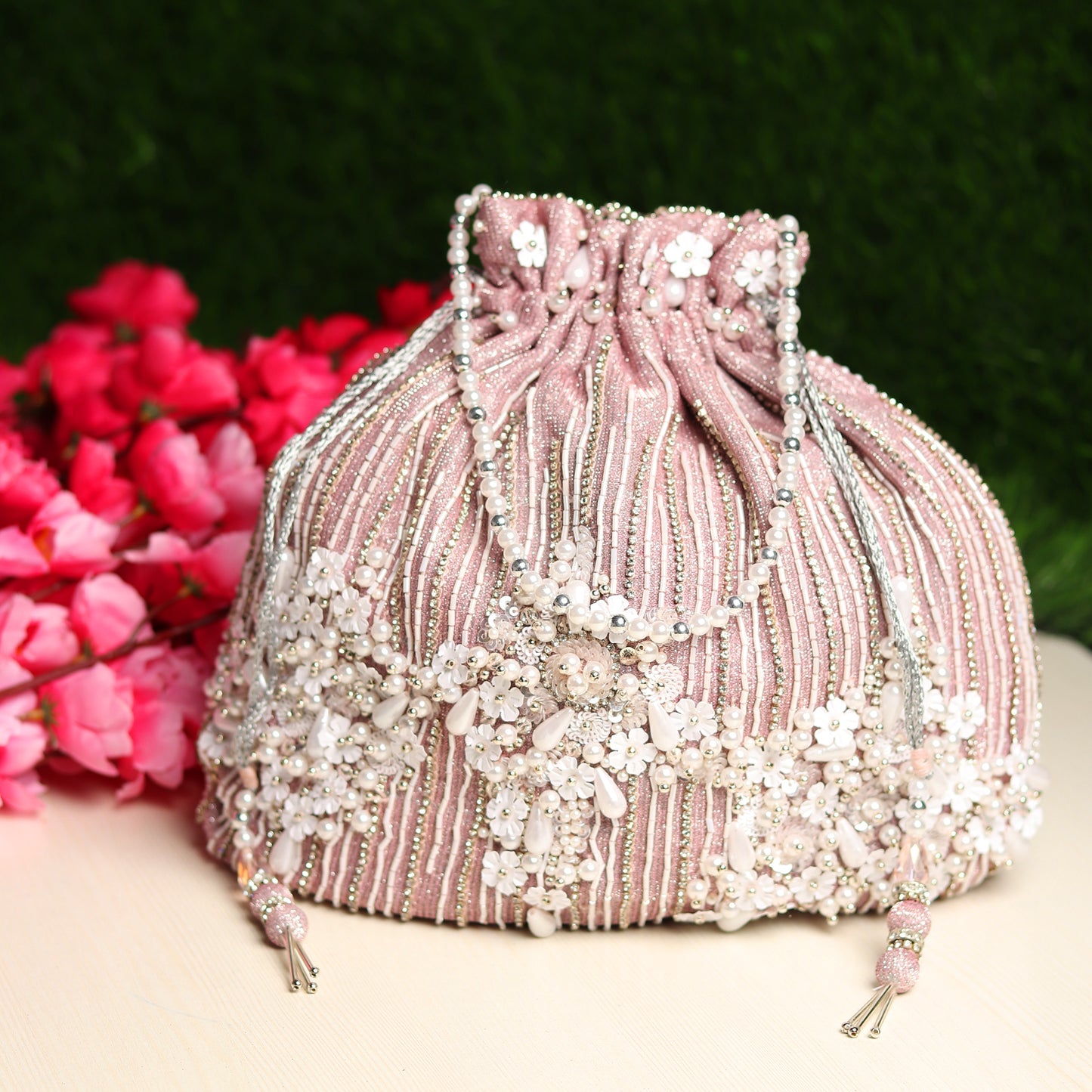 Bridal Potli Bag , Pink Potli Bag with pearls and swarovski crystals