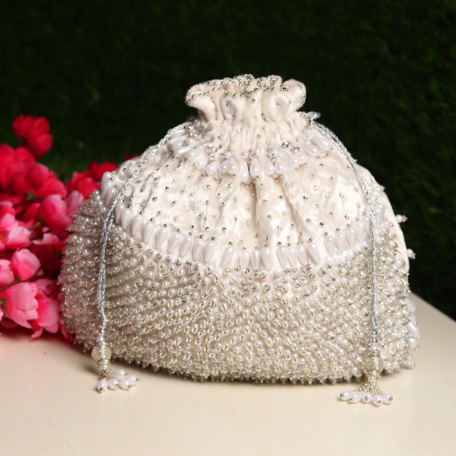 Pearl And Sequins Embellished Peach Potli Pouch 102BG06