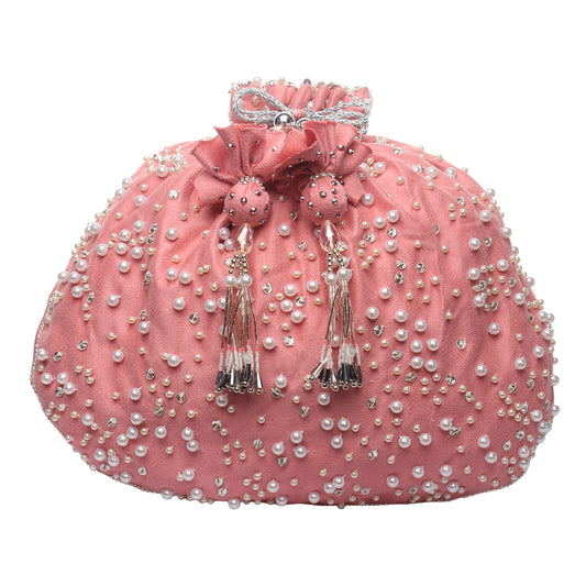 Pink Potli Bag with pearls and swrovksi crystals